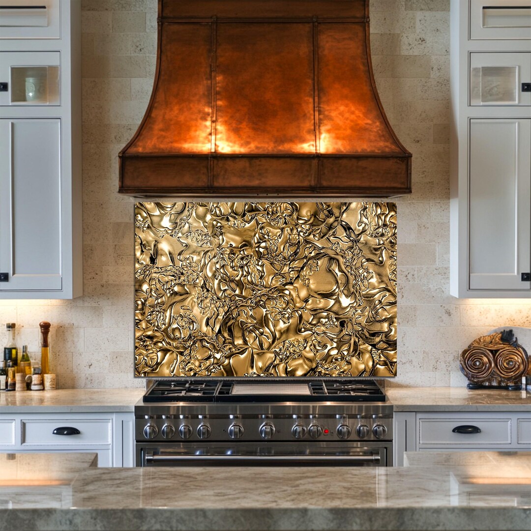 Luxury Gold Liquid Texture Glass Backsplash – Modern Kitchen Stove ...