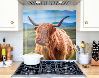 Salpicadero de cocina de vidrio templado con diseño de vaca de las Tierras Altas escocesas