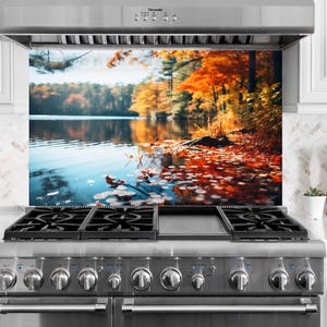 Tempered Glass Kitchen Backsplash: Autumn Lake View, Heat Resistant