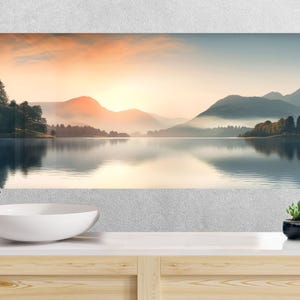 Salpicadero de vidrio templado con vista al lago: Azulejo para cubrir la estufa de cocina