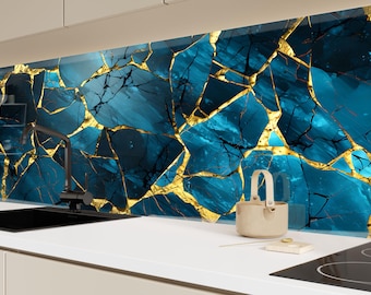 Tempered Glass Kitchen Backsplash: Blue Gold Vein Tile, Heat Resistant