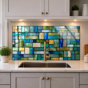 Küchenrückwand aus Glas im Mosaik-Stil in Aqua-Türkis, Küchenrückwand mit Fliesenoptik in Goldoptik, moderne Herdrückwand