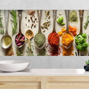 spoons of various spices and herbs are lined up on a wall