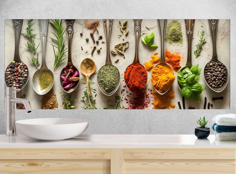 spoons of various spices and herbs are lined up on a wall
