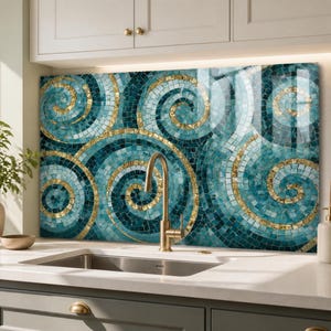 Turquoise Spiral Mosaic Style Glass Backsplash, Gold Swirl Kitchen Splashback Panel, Coastal Stove Back Panel