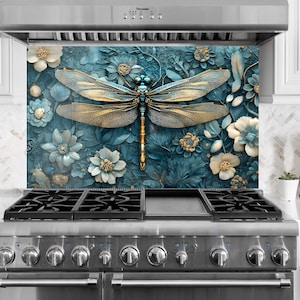 Salpicadero de cocina de vidrio templado con diseño de libélula: cubierta de estufa con azulejos florales