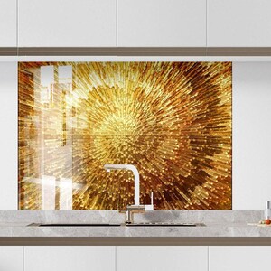 Tempered Glass Gold Backsplash Design, Cooker Wall Backsplash Panel, Glass Splashback For Kitchen Panel Design, Golden Splashback Marble