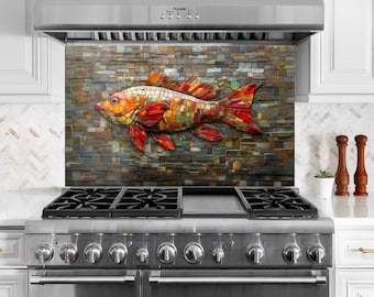 Tempered Glass Kitchen Backsplash Mosaic Fish Backsplash for Kitchen Splashback Stove Back Cover, Sink Splashback Mosaic Fish Glass Wall Art
