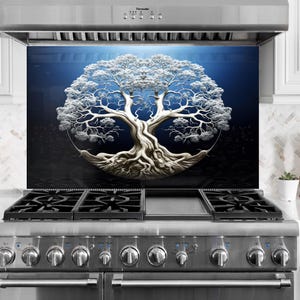 Silver Tree Tempered Glass Kitchen Backsplash: Heat Resistant Stove Cover, Mothers Day Gift