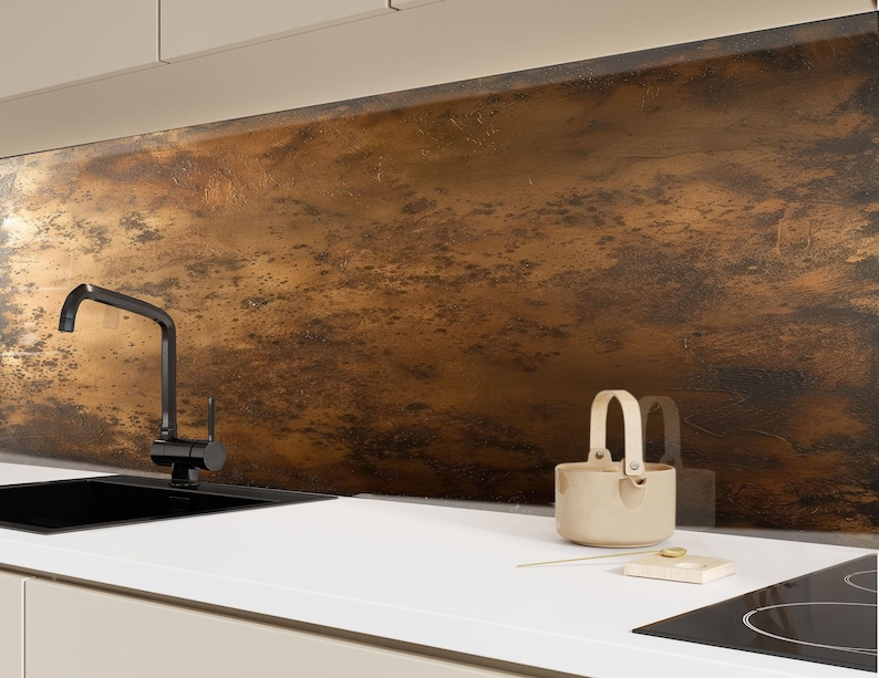 Tempered Glass Kitchen Backsplash: Rustic Copper & Bronze Style, Glass ...
