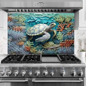 May include: A decorative kitchen backsplash featuring a detailed underwater scene. A sea turtle swims among colorful coral and aquatic plants. The artwork is predominantly blue, green, and orange.