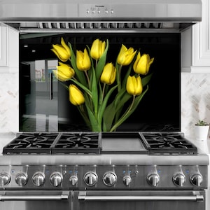Floral Tempered Glass Kitchen Backsplash: Flower Tile Stove Cover