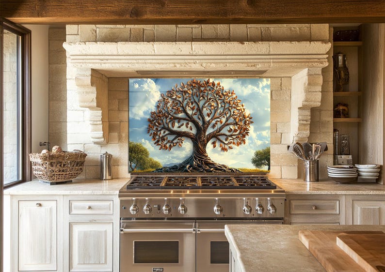Tree of Life Glass Backsplash – Rustic Kitchen Splashback, Tempered ...