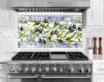 Rivestimento paraschizzi in vetro temperato con motivo ramo d'ulivo: decorazione per la cucina, resistente al calore, piastrella paraschizzi in vetro
