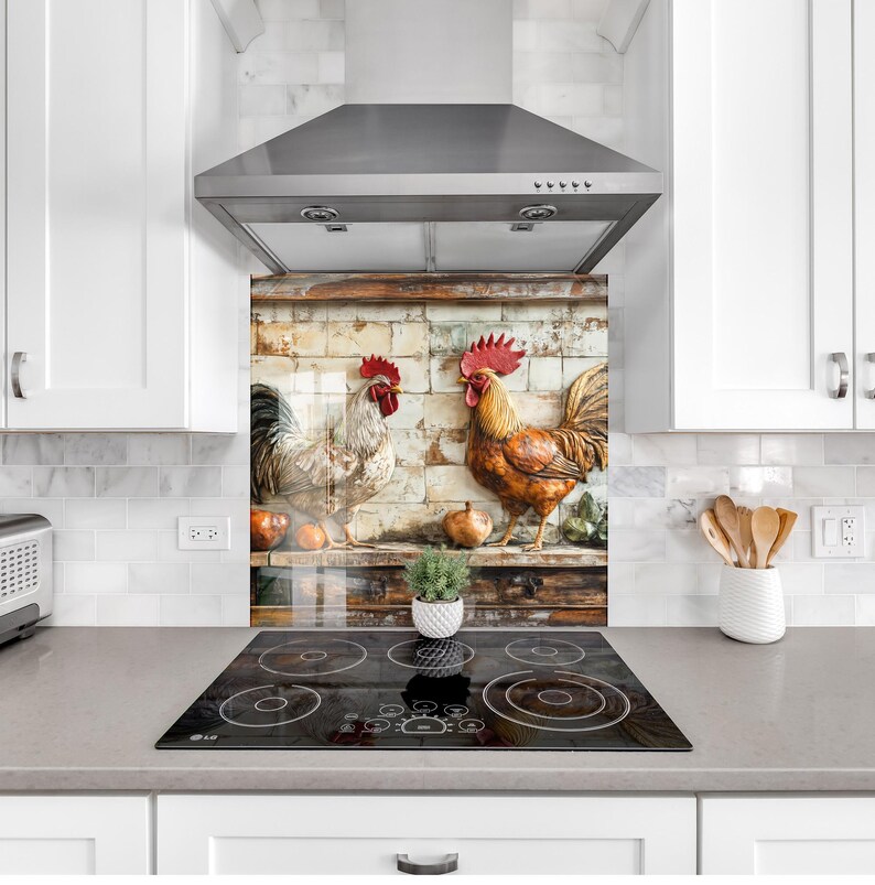 Rustic Rooster Tempered Glass Backsplash – Farmhouse Kitchen Wall Art ...
