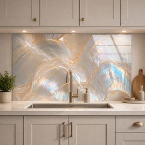 Può includere: Un paraschizzi da cucina con un motivo a vortice in marmo iridescente nei toni del crema, bianco e blu tenue con venature dorate. Un rubinetto alto in oro spazzolato è centrato sopra un lavello rettangolare in acciaio inossidabile.