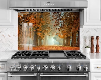 Nature Tempered Glass Kitchen Backsplash: Autumn Landscape