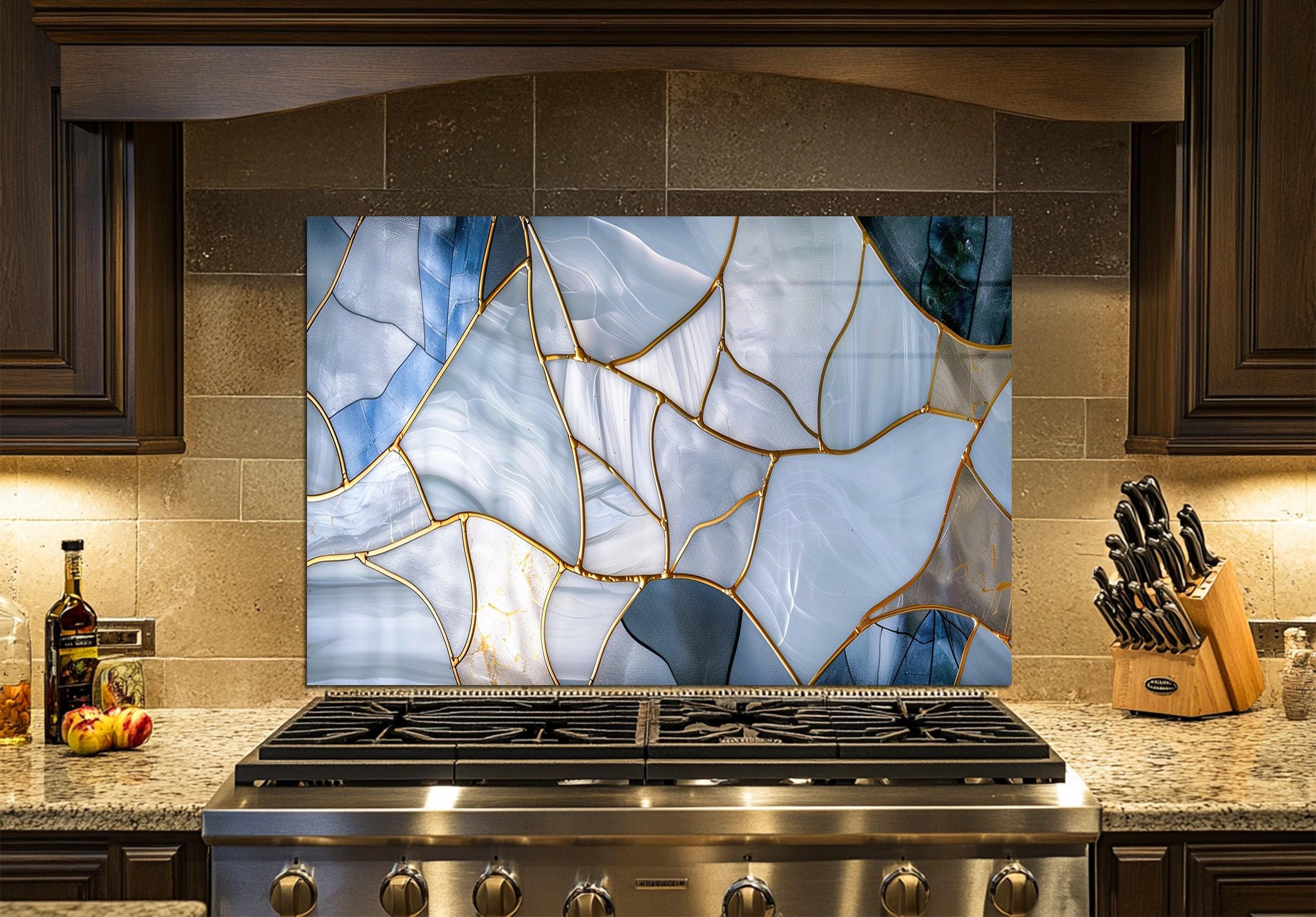 Blue Marble Abstract Glass Backsplash – Modern Gold Vein Tempered Glass ...
