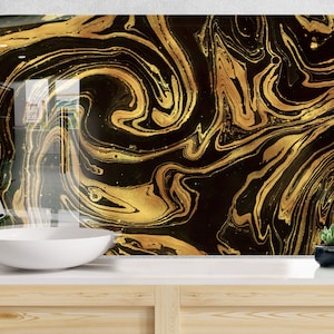 Tempered Glass Gold Backsplash Design, Cooker Wall Backsplash Panel, Glass Splashback For Kitchen Panel Design, Golden Splashback Marble