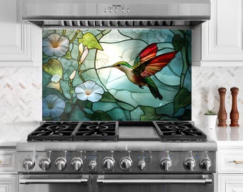 Tempered Glass Kitchen Backsplash, Animal Floral Backsplash for Kitchen Bird Splashback Stove Back Cover, Sink Splashback Bird Backsplash
