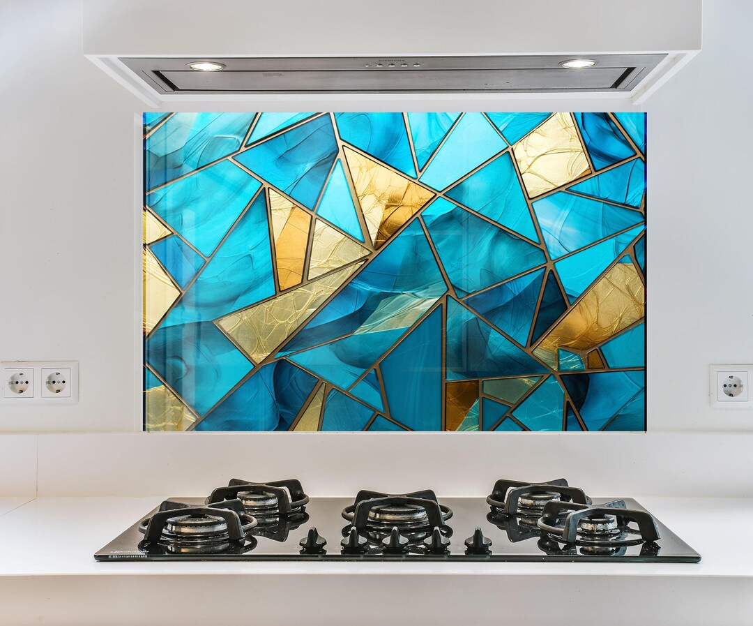Blue Stained Glass Kitchen Backsplash: Tempered Glass Cooker Splashback ...