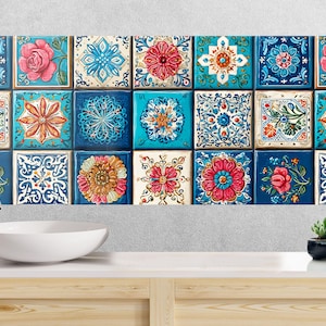 May include: A decorative wall panel featuring square tiles with floral and geometric patterns. The tiles are in shades of blue, teal, orange, and pink. The panel is mounted above a white sink and wooden cabinet.