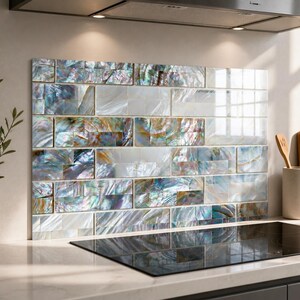 Mother of Pearl Style Glass Backsplash Tile, Kitchen Glass Splashback Panel, Iridescent Shell Tile Look Stove Back Panel