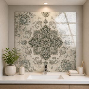 Op de afbeelding: Een vierkant wandpaneel met een symmetrisch, ingewikkeld damastpatroon in tinten gedempt groen en beige. Het ontwerp toont sierlijke bloem- en paisleymotieven gecentreerd op een lichte achtergrond, gemonteerd boven een witte wastafel.