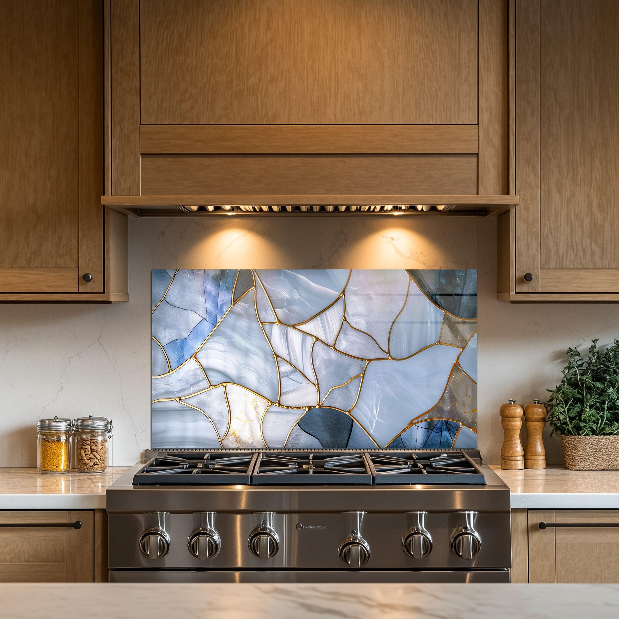 Blue Marble Abstract Glass Backsplash – Modern Gold Vein Tempered Glass ...