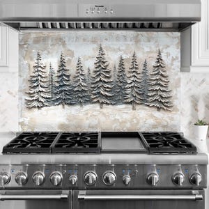 Salpicadero de cocina de vidrio templado con diseño de pino: Escena forestal