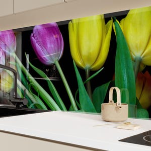 Floral Tempered Glass Kitchen Backsplash: Flower Tile Stove Cover