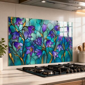 Panel de vidrio para salpicadero de cocina Purple Iris, panel de azulejos para salpicadero de cocina, panel trasero para estufa estilo vitral