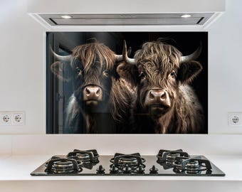 Salpicadero de cocina con diseño de vaca de las Tierras Altas: decoración rústica de vidrio templado.