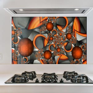Abstracte keukenachterwand van gehard glas: hittebestendige kookplaat