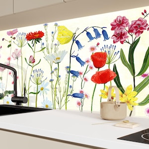 Floral Tempered Glass Kitchen Backsplash: Flower Tile Stove Cover