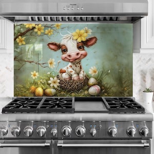 Revestimento de parede para cozinha com vaca: Painel de vidro temperado para fogão, decoração estilo fazenda