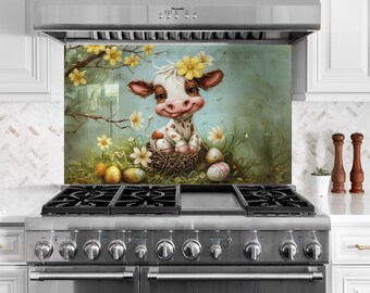 Salpicadero de cocina con diseño de vaca: protector contra salpicaduras de vidrio templado para estufa, decoración estilo granja.