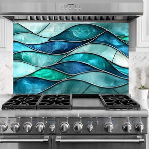 Blue Ocean Wave Tempered Glass Backsplash: Heat Resistant Kitchen Splashback
