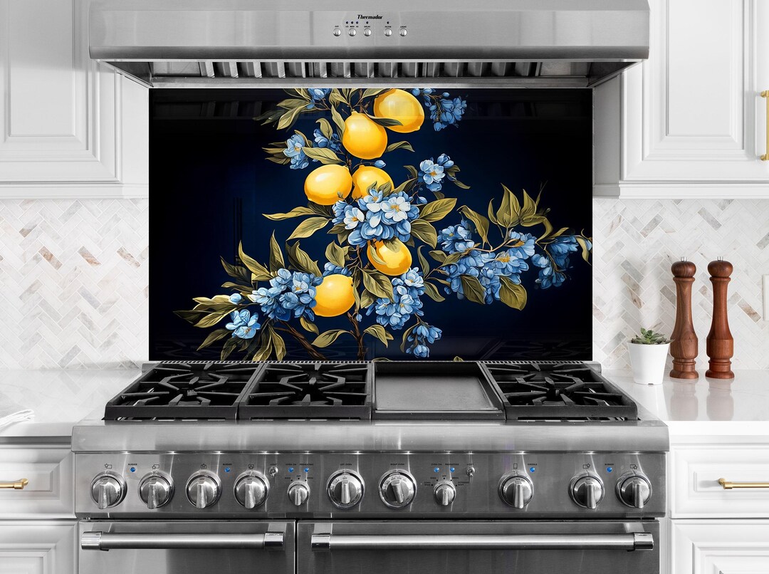 Lemon Splashbacks Lemon Tempered Glass Kitchen Backsplash: Floral Stove Splashback - Etsy