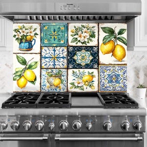 Salpicadero de cristal con azulejos de limón mediterráneo – Arte mural rústico floral para cocina, decoración de estilo granja