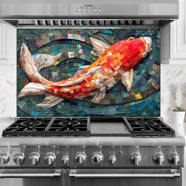 Dosseret en verre trempé, mosaïque de poisson pour crédence de cuisine, crédence d'évier, carreau de mosaïque, décoration murale poisson koi