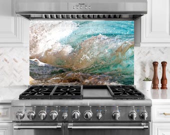 Turquoise Abstract Tempered Glass Kitchen Backsplash: Heat Resistant Stove Cover
