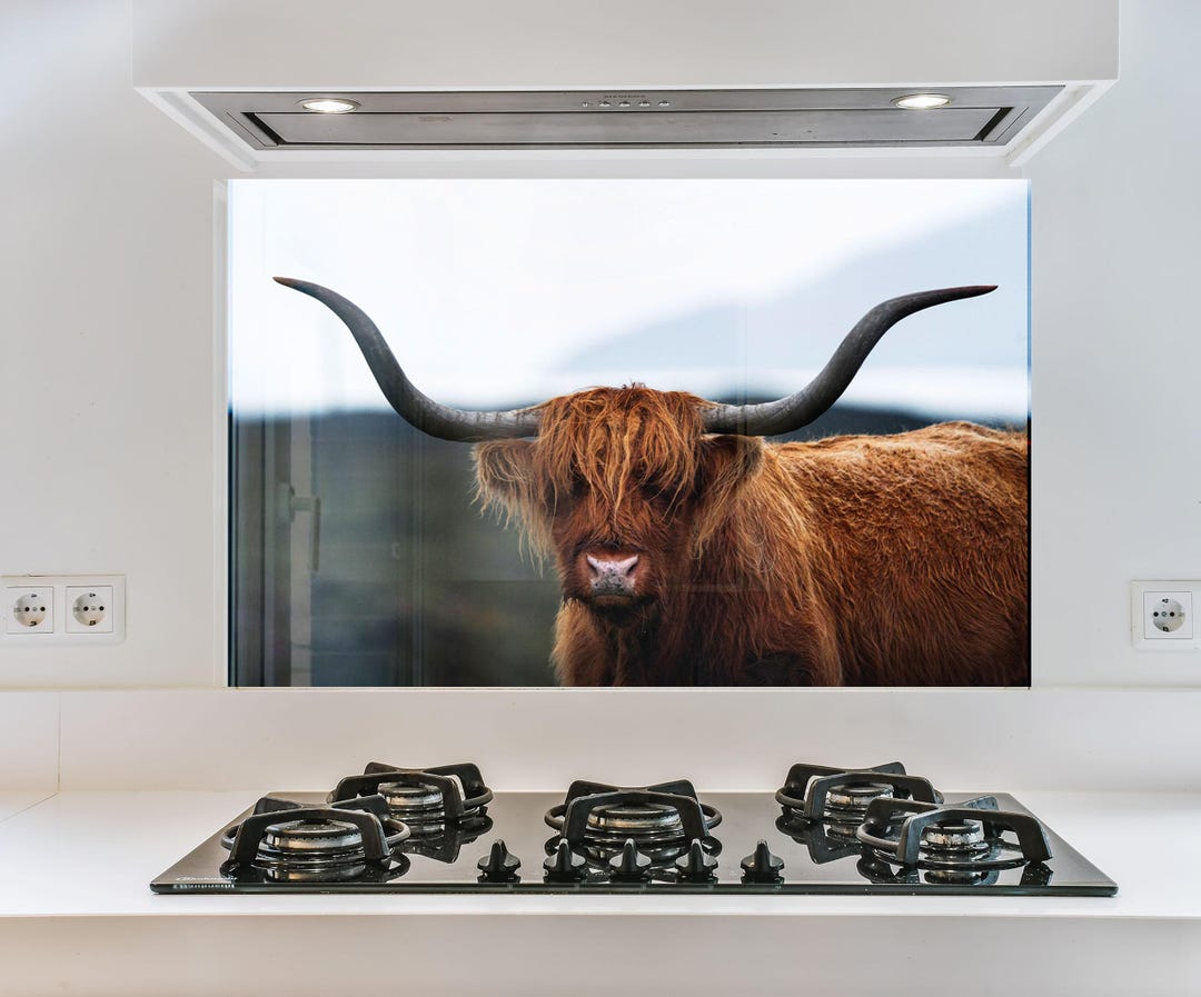 Highland Cow Tempered Glass Kitchen Backsplash: Rustic Farmhouse Decor ...
