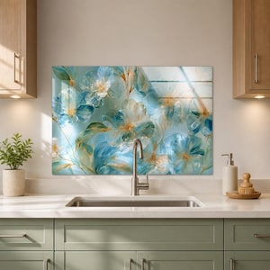 May include: A rectangular glass kitchen backsplash panel featuring a vibrant floral print with layered blue, teal, and gold-toned petals. The artwork displays a soft, ethereal composition of blooming flowers with delicate stems and light accents.