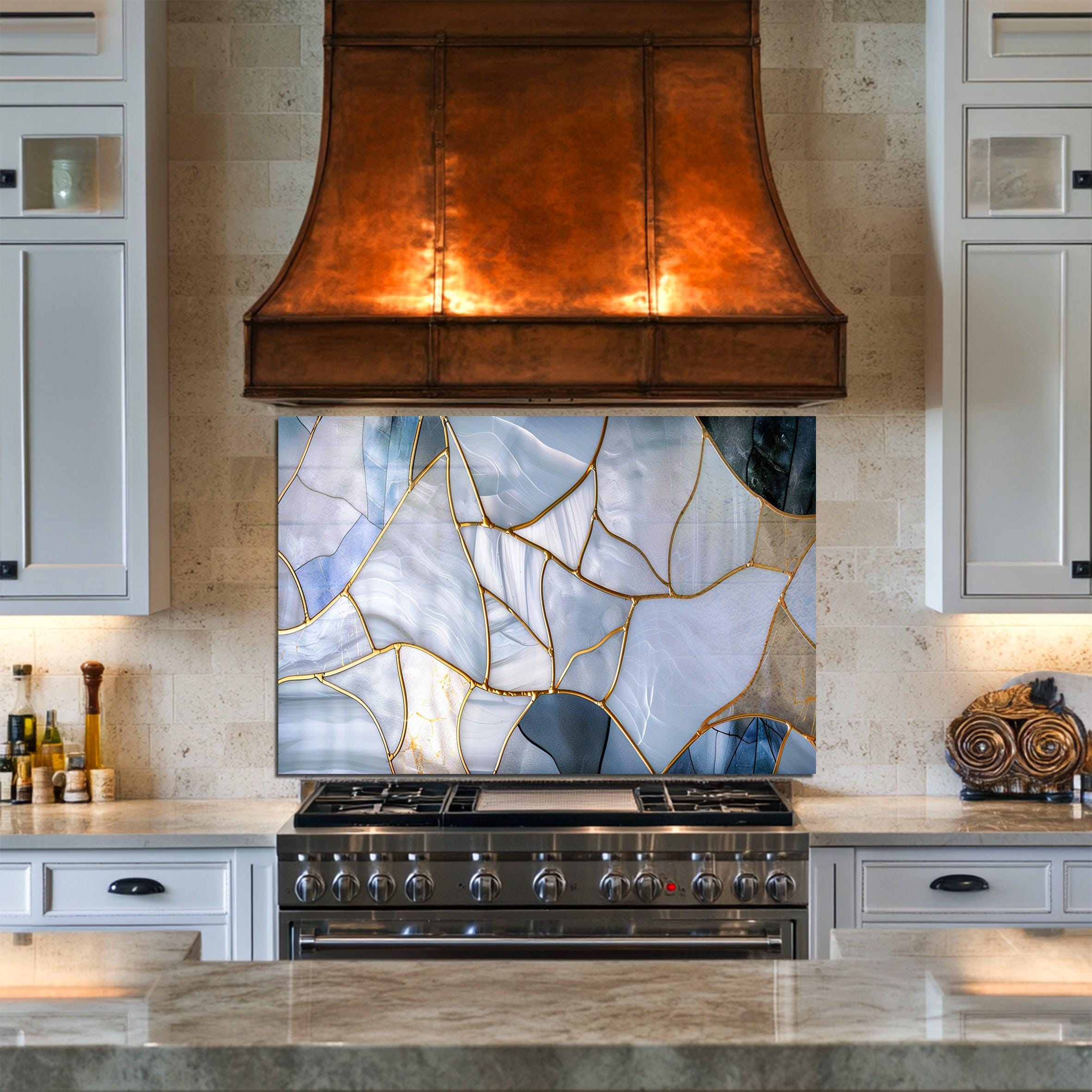 Blue Marble Abstract Glass Backsplash – Modern Gold Vein Tempered Glass ...