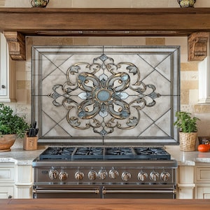Ornamental Medallion Glass Backsplash – Classic Pattern Tempered Glass Splashback Tile for Kitchen Wall Art