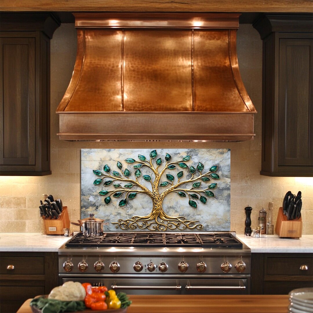 Emerald Tree Glass Backsplash Tile, Botanical Kitchen Splashback Panel ...