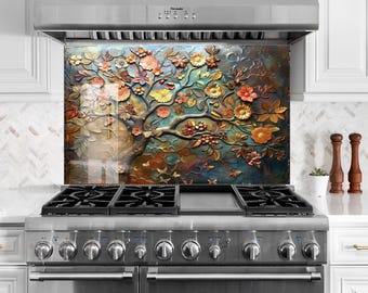 Tree Tempered Glass Kitchen Backsplash: Heat Resistant Stove Back Cover