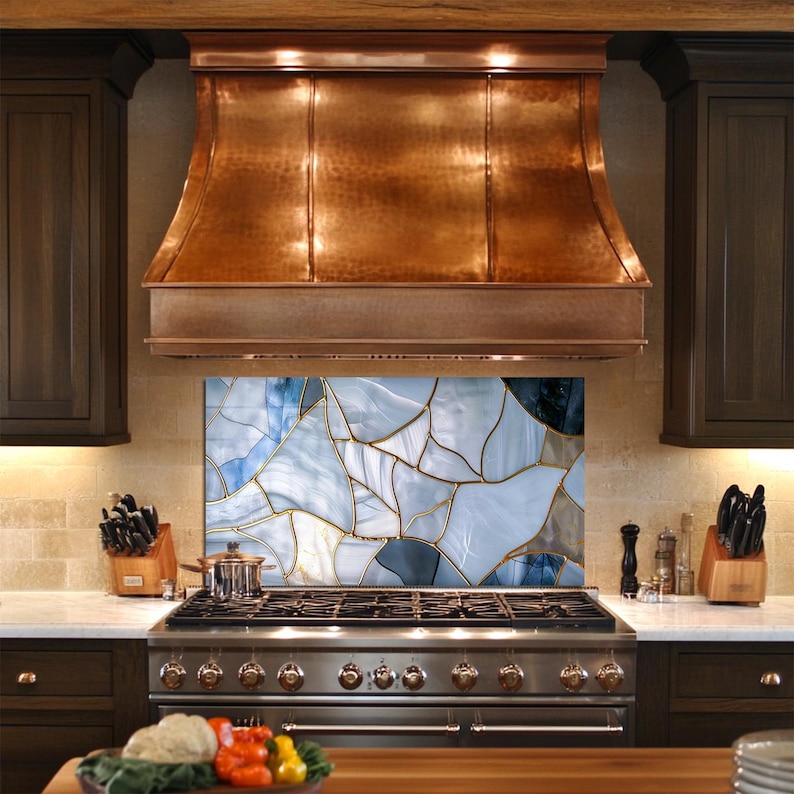 Blue Marble Abstract Glass Backsplash – Modern Gold Vein Tempered Glass ...