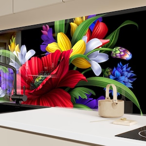 Floral Tempered Glass Kitchen Backsplash: Flower Tile Stove Cover